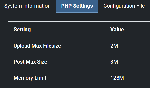 Your PHP settings before changes