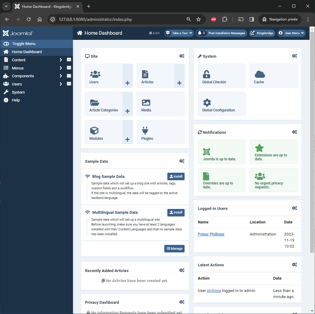 Joomla administration dashboard