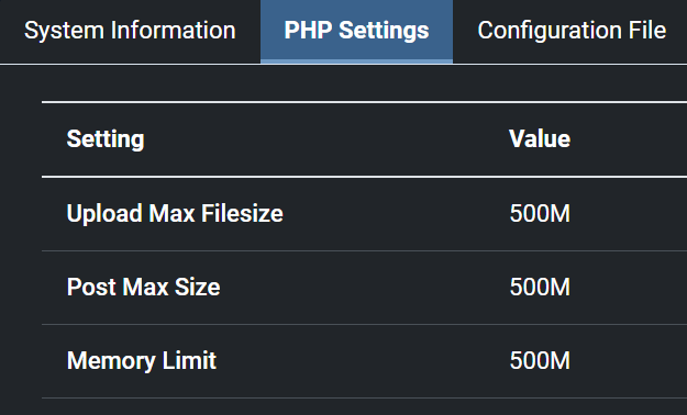 Your PHP settings after changes