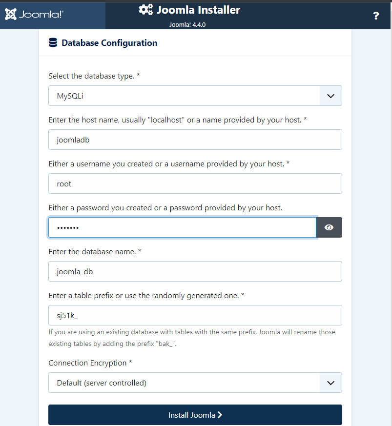 Joomla Database configuration